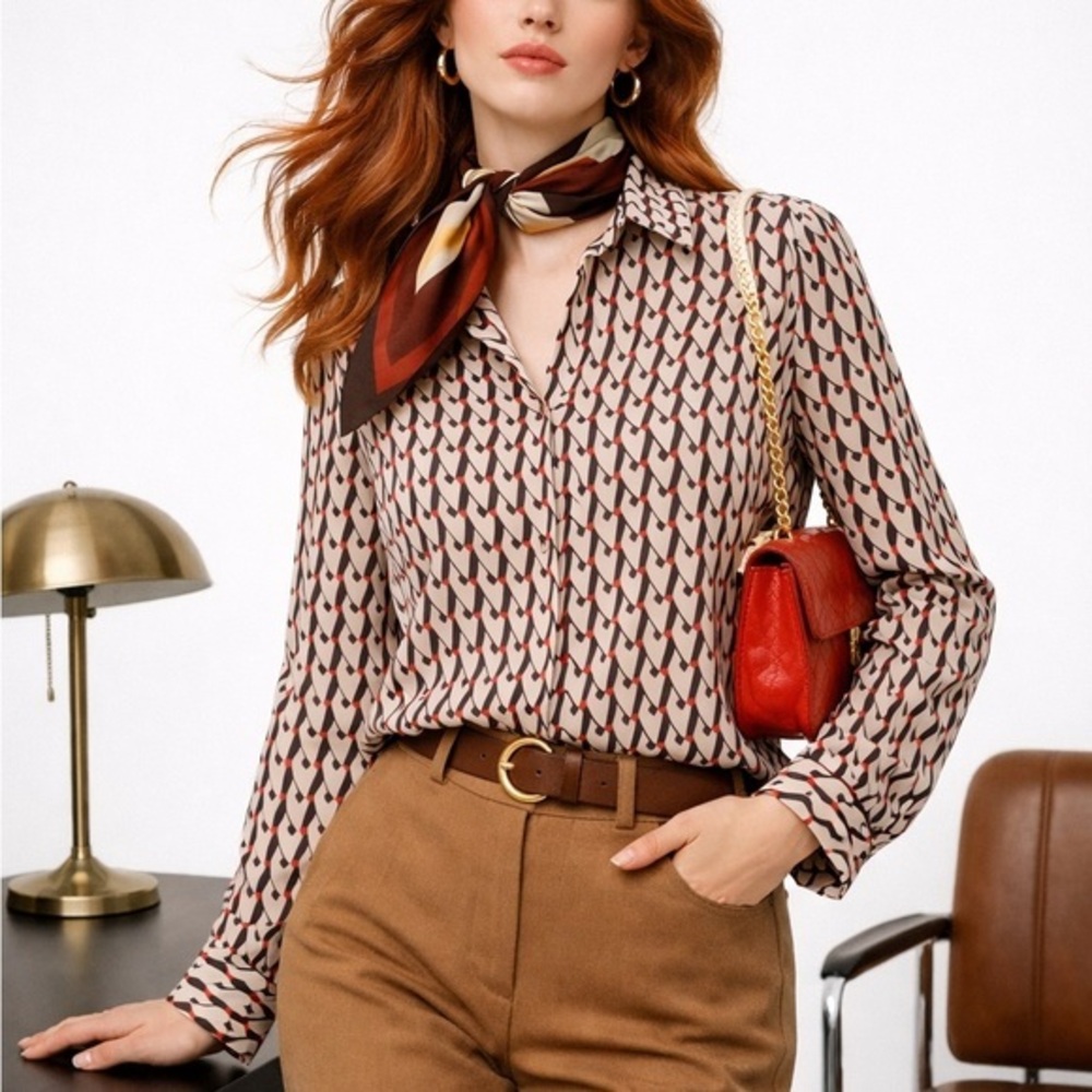 Zara Basic Geometric Red Dots Black & Cream Printed shirt-style blouse Sz Small